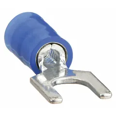 Blue nylon insulated fork terminal for #8 studs, accepting 18 to 14 AWG wire. Rated 600 V. Standard fork design allows quick connection and disconnection without fully removing the screw. Suitable for terminating wires in electrical panels, control cabinets, and industrial machinery.