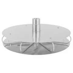 Manhole cleaner with stainless steel housing and 1 in NPTF inlet. Features four nozzles and a double protection plate. Used with high-pressure water to remove debris and sediment from manhole interiors in municipal and utility infrastructure maintenance.