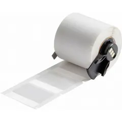 Precut label roll for use with BMP61 printer series. Each label measures 1 1/2 in x 1 3/4 in and is made of white matte vinyl. Suitable for identifying wires, cables, and small cylindrical surfaces in industrial settings. Requires M61-R4310 ribbon. 250 labels per roll.