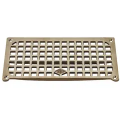 This nickel bronze grate is designed for floor sinks, featuring a screw-in connection and a full grate opening with square holes. The bronze finish provides corrosion resistance. Overall width is 5-3/8 inches, overall height is 5/8 inches. Suitable for commercial and industrial plumbing applications where a durable grate is required.