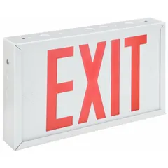 White steel LED exit sign with red lettering and two illuminated faces. Designed for ceiling, end, or wall mounting. Operates on 120/277 V AC hardwired without battery backup. Includes universal field-selectable chevrons. Suitable for marking emergency exits in commercial and industrial facilities.