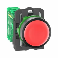 This non-illuminated, momentary push button transmitter from the XB5R series features a red plastic operator and plastic bezel. Designed for 22 mm panel mounting, it is used for remote control and signaling in industrial automation and machinery applications.