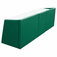 This scorer's table features a white steel tabletop and green vinyl padding. It is 96 inches long and 18 inches deep. Suitable for use in gymnasiums or sports venues as a scoring station