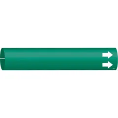 Green snap-on pipe marker with white legend text, designed for pipe outer diameters of 4 to 6 inches. Includes arrows to indicate flow direction. Used for identifying pipe contents in industrial piping systems.