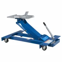 This hydraulic transmission jack from OTC is designed for lifting and positioning vehicle transmissions during removal, installation, or service. It features a steel frame and a manual handle actuator, supporting up to 1.1 tons. Suitable for use in automotive repair shops and fleet maintenance facilities