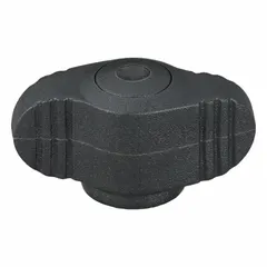 Wing knob with threaded hole, plastic body and brass M5 thread insert, 28 mm diameter, 8 mm thread length. Used for manual adjustment and clamping in jigs, fixtures, and workholding devices where tool-free hand tightening is required.