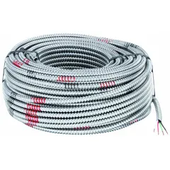 Standard metal-clad cable with three 12 AWG copper conductors and aluminum armor. 250 ft length. Used for power distribution, branch circuits, and feeder lines in dry or damp locations, including exposed or concealed installations where mechanical protection is required.