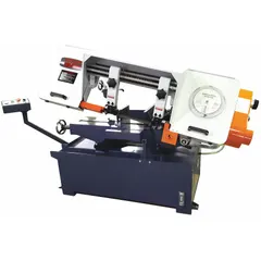 This mitering manual horizontal band saw is designed for cutting metal stock at angles from 0° to 60°. It operates with a blade speed range of 95 to 350 SFPM and is powered by a 1-phase, 230V AC motor rated at 12.0 amps. Typical applications include cutting pipes, bars, and structural shapes in fabrication and maintenance settings.