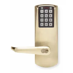 This SIMPLEX electronic keyless lockset features a keypad for access and is constructed from brass. It is ADA compliant and includes key override options for Best and Equivalents (6 or 7 Pin Length). Suitable for commercial and industrial doors requiring keypad-based entry control.