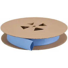 This blue heat shrink tubing from 3M has a 2-inch inner diameter before shrinking and a 1-inch inner diameter after shrinking, with a 2:1 shrink ratio. It is supplied in a 100-foot spool and is used for insulating, protecting, and bundling wires and cables in electrical applications.
