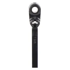 Black nylon screw mount cable tie with #10 mounting hole for permanent attachment to panels or equipment. Nominal length 8 in, maximum bundle diameter 1 3/4 in, width 0.19 in. Suitable for securing wire bundles in control panels and cable management systems. Supplied in standard 100-pack.