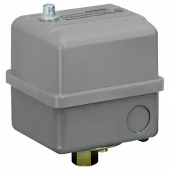 Diaphragm-actuated pressure switch for air and water systems. Adjustable set point range 40 to 200 psi. 1/4" female NPT connection. Suitable for pump and compressor control in industrial fluid applications.
