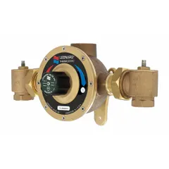 This thermostatic mixing valve precisely blends hot and cold water to maintain a consistent outlet temperature. It features a copper body with 1 1/4 in NPT x NPT connections and includes check-stops with strainer. Suitable for point-of-source applications in plumbing systems requiring temperature control.