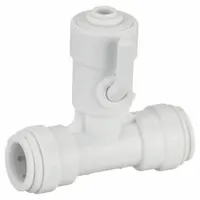 Manual three-way ball valve with acetal body and T flow pattern. Features push-fit connections on all three ports and a lever handle. Suitable for diverting or mixing fluid flow in water, air, and non-aggressive media systems