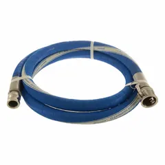 Polyethylene potable water discharge hose assembly with smooth EPDM cover and synthetic spiral-ply fabric reinforcement. Rated for 150 psi, temperature range -40° to 212°F. Fitting size 1 in x 1 in. Used for transferring potable water in industrial, municipal, and construction applications.