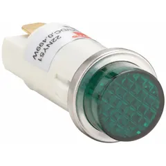 This LED indicator pilot light features a raised panel head for clear visual status indication on industrial control panels and machinery. It is designed for panel-mount applications with a 12 mm mounting hole diameter and a 0.187 in tab electrical connection.