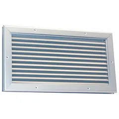 This door louver is constructed from clear anodized aluminum for corrosion resistance. It has a rough opening size of 12-1/2 inches high by 12-1/2 inches wide. Designed for installation in doors to provide passive ventilation while blocking light and debris, suitable for indoor or sheltered applications such as equipment rooms, storage areas, or utility closets.