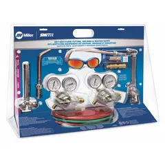 This gas welding outfit is configured for acetylene service and includes a regulator with a CGA 510 fuel connection. It is suited for cutting, heating, and welding operations in metal fabrication and repair applications.