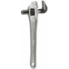 Offset pipe wrench with serrated jaws for gripping and turning pipes. Aluminum I-Beam handle reduces weight for overhead or confined-space work. Overall length 18 in, jaw capacity 2 1/2 in. Suitable for plumbing, HVAC, and industrial maintenance applications.