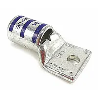 Standard-type one-hole compression lug for terminating 4/0 AWG stranded copper wire to a 1/4 in stud. Constructed of copper for electrical conductivity. Used in power distribution, panel building, and equipment installations