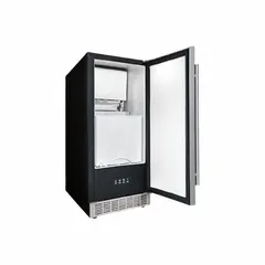 This undercounter ice machine produces 32 lb of dice ice per day with air-cooled condensation. It measures 34 5/8 in high, 15 in wide, and 24 1/4 in deep, fitting under standard counters. Push-button controls and an included ice scoop facilitate operation. Suitable for small kitchens, bars, and break rooms requiring a compact ice supply.