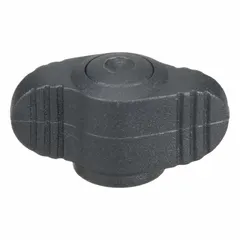 Wing knob with threaded hole, plastic body with stainless steel M4 thread insert, 28 mm diameter, 6 mm thread length. Used for manual clamping, positioning, and adjustment on machinery and fixtures.