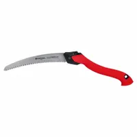 Folding pruning saw with a 10-inch steel blade, 0.1-inch thickness, and 6 teeth per inch. Overall length is 12 1/4 inches. Suitable for cutting tree branches, shrubs, and thick vegetation in landscaping and maintenance tasks