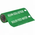 Green adhesive pipe marker with white legend reading 'Boiler Feed Water' and directional arrows. Fits pipe outer diameters from 2-1/2 to 6 inches. Pack of 30 markers for identifying boiler feed water lines in industrial piping systems.