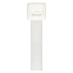 This all-purpose nylon cable tie is 7 inches long and 0.19 inches wide, designed for outdoor use. It is white and made of standard nylon. Each pack contains 100 ties. Suitable for bundling and securing cables, wires, and hoses in general industrial and electrical applications.