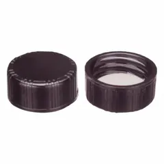 Black polypropylene screw cap with a PTFE/silicone liner, featuring a 15-415 screw closure size. Designed for secure sealing of laboratory bottles, the liner provides chemical resistance and re-sealability. Suitable for general lab bottle sealing applications.