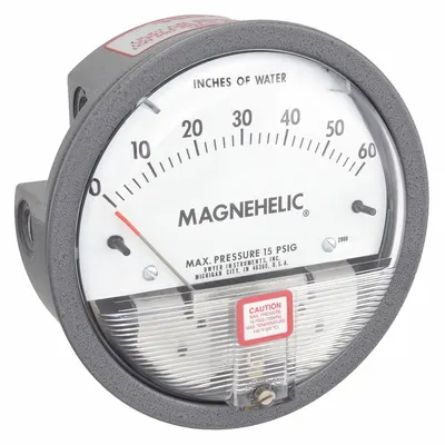 Dwyer Differential Pressure Gauge: Back/Single-Side, 1/8 in NPT Female, 2000 - Low Operating Pressure Differential Gauges