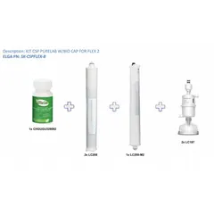 This kit contains expendable components and sanitization items for ELGA Flex 1, 2, and 6 water purification systems. It includes filters, stands, and switches to support system maintenance and performance in laboratory water purification applications.