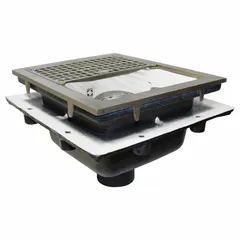 This floor sink features a bronze coated body with a cast iron full grate and anchor flanges. It has a 14-inch overall width, 6-inch sump depth, and 3-inch nominal pipe size with a No Hub connection. Suitable for commercial and industrial floor drainage applications where a corrosion-resistant, durable drain is required.