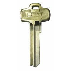 Key blank for duplicating keys in BEST mortise locks with WD keyway. Made of brass with nickel plating, Key ID # KS567, 0 pins. Suitable for commercial and institutional door locks, cabinets, or furniture.