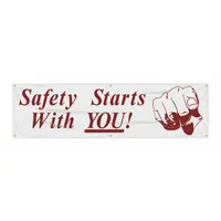 Indoor/outdoor safety banner made of poly sheeting with one printed side. Nominal sign size is 28 in x 96 in. No wind slits. Used for safety messaging in industrial facilities, warehouses, and construction sites