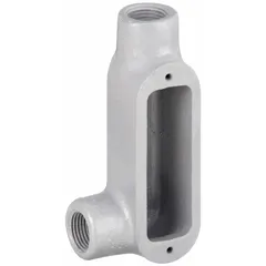 This LL - 90° elbow type conduit outlet body is made of iron with a powder-coated finish. It has a 1-1/2 in trade size, 42 cu in body capacity, and threaded hubs with set screws. Designed for use with rigid metal conduit (RMC), it provides a pull point or access to conductors in conduit systems.