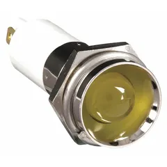 Yellow LED indicator pilot light with protruding head for 12 mm panel mounting hole. Features 0.11 Male Quick Disconnect electrical connection. Used on industrial control panels, machinery, and equipment to indicate operational status, alarms, or power-on conditions.