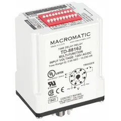 Socket-mounted time delay relay with plug-in mounting and 8 terminals. Operates on 120V AC/DC input voltage and supports multi-function delay (on-delay, off-delay, interval). Rated for 10 A. Used in industrial control panels for load sequencing, motor start delays, and process automation.