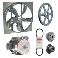Unassembled belt-drive panel exhaust fan with drive package. Features a 24 in blade, 1 hp motor, and 8,734 cfm airflow for high-volume air movement. Operates on 115/208-230V AC, single-phase power. Motor is totally enclosed fan-cooled with Class B insulation. Frame is zinc-plated steel. Suitable for industrial ventilation applications such as factories, warehouses, and commercial facilities to remove heat, fumes, and stale air.
