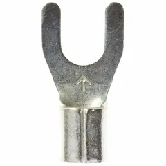 Non-insulated fork terminal for #10 stud size, accepting 12 AWG to 10 AWG wire. Standard fork configuration rated for 600 V. Used for terminating wires in electrical panels, control cabinets, and industrial machinery for secure, vibration-resistant connections.