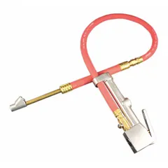 Single-tire inflator gauge with sight glass and dual-head design. Constructed from aluminum with a 1/4 in thread size. Used for inflating tires and reading pressure in automotive, fleet, and industrial maintenance settings.
