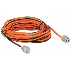 This 50 ft outdoor extension cord features a NEMA 5-15P plug and a single outlet. The 14/3 SJTW jacket is rated for temperatures from -40° to 167°F, providing resistance to moisture, abrasion, and temperature extremes. Suitable for powering tools, lights, and equipment in outdoor environments such as construction sites and industrial yards.
