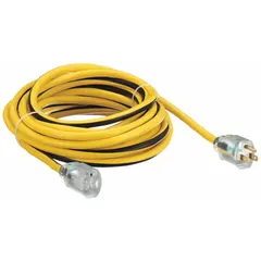 This outdoor extension cord features a 25 ft length with 12/3 SJTW construction, rated for temperatures from -40° to 167°F. It has a NEMA 5-15P plug and a single grounded outlet, suitable for powering tools, equipment, or lighting in outdoor environments such as construction sites, landscaping, and industrial yards.
