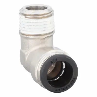 PARKER Push-Fit Elbow Fitting: 1/2 in OD x 3/8 in Pipe Size, Push-to-Connect x MNPTF - Nickel-Plated Brass Tube Fittings