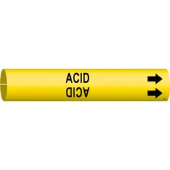 This snap-on pipe marker is designed for identifying pipes carrying acid in industrial facilities. It features a yellow background with black legend text and includes directional arrows. The marker fits pipe outer diameters of 4 to 6 inches.