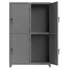 Assembled steel locker with solid doors in RAL 7037 'Dusty Gray'. Configured as 2 tiers, 2 units wide, with padlock hasp for personal security. Suitable for storing clothing and equipment in industrial, educational, or commercial settings.