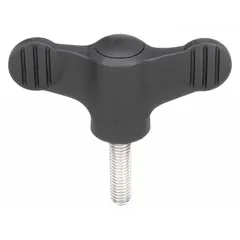 Wing knob with threaded stud for manual clamping and adjustment. Plastic body with stainless steel M6 thread, 30 mm thread length, 50 mm diameter. Suitable for tool-free hand tightening in jigs, fixtures, and workholding applications.