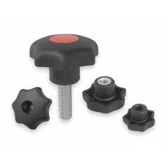 This 7-arm knob features a plastic body with a steel threaded stud for manual adjustment, clamping, or positioning on machinery and fixtures. The 32 mm diameter and 5/16"-18 thread size allow tool-less operation in industrial settings. Thread length is 40 mm.