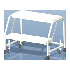 Two-step rolling step stool with a rectangular aluminum frame and tan finish. Equipped with four swivel casters for mobility. Supports up to 350 lb and provides a 2.4 ft standing height. Suitable for tasks requiring elevated access in warehouses, retail backrooms, and maintenance areas.