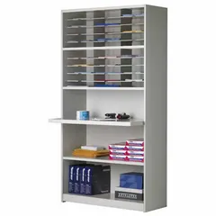 This 30-compartment literature sorter is constructed of PVC and measures 42 inches wide by 16 inches deep. It is used in office and industrial settings to organize mail, documents, and literature, keeping materials accessible and reducing clutter.